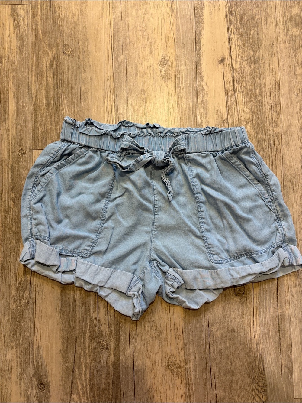 aerie Light Blue High-Waist Ruffle Drawstring Shorts